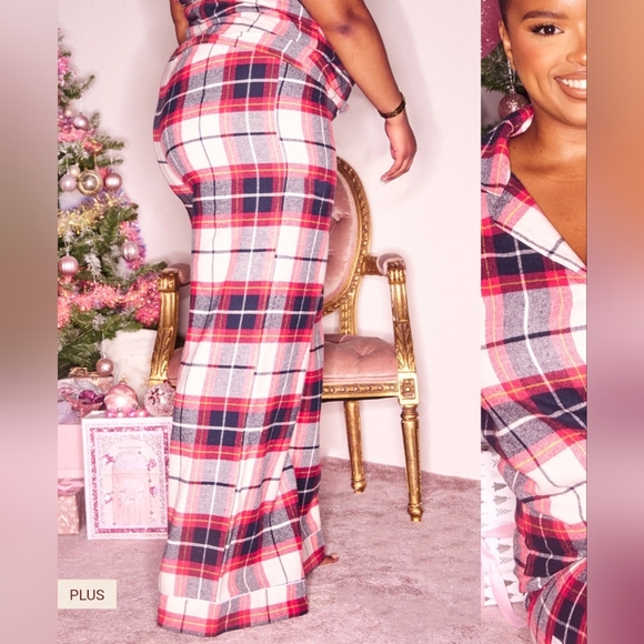 PrettyLittleThing PLT pajama women's 3XL red blue plaid plus size short sleeve - Picture 8 of 9